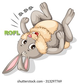 Bunny laughing and rolling on the floor illustration