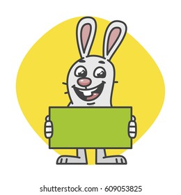Bunny Laughs and Holds Empty Nameplate. Vector Illustration. Mascot Character.