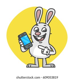 Bunny laughs and Indicates on Mobile Phone. Vector Illustration. Mascot Character.