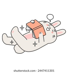 The bunny laughs while lying on the floor and reading a funny story in a book. Children's leisure and hobbies. Love of reading. World Book Day. Cute vector illustration in cartoon style.