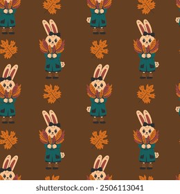 Bunny with Leaf Bouquet Autumn Seamless Pattern. Cozy Fall Background with Cute Wild Animal Character in Coat holding Orange Maple Leaves. Repeat vector illustration