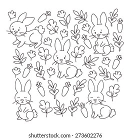 Bunny leaf, flower, carrot black and white vector set