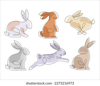 Bunny line art style icon set. Rabbit line art icon collection. Set of Abstract outline rabbit. Continous line drawing Rabbit minimalism style icon set. Easter bunny linear icon pack. Vector illustrat