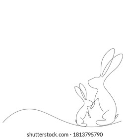  Bunny line drawing on white background, vector illustration