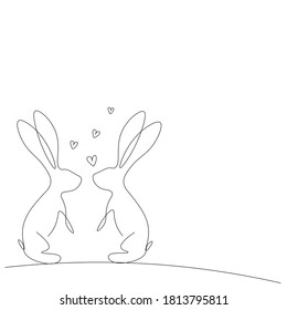  Bunny line drawing on white background, vector illustration