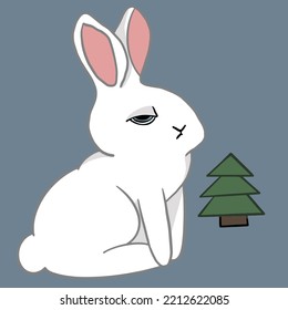 bunny with little christmas tree illustration happy new year