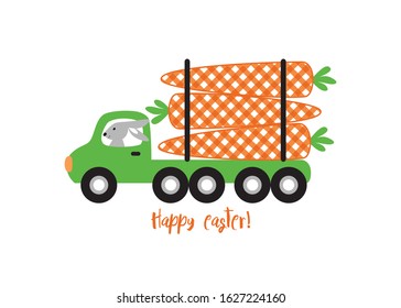 
Bunny Logging Truck Easter Design. Rabbit Delivering Three Carrots. Cartoon vector illustration. Nursery Art.