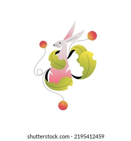 Bunny with Long Ears Sitting Among Beautiful Blooming Flowers and Foliage Vector Illustration. Animal and Flora Blossom