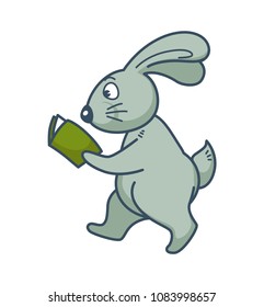 Bunny with long ears walks and reads book