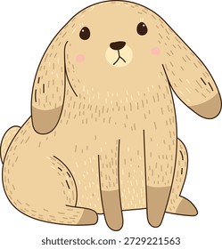 Hase mit langem Diskettenohr, rundem Körper, strukturiertem Fell und kleinem Schwanz, der nach vorne sitzt. Symbol für Zärtlichkeit, Tierliebe und ruhigen Komfort für Kinder und Kindergarten-Themen. Cartoon, Vektorgrafik.