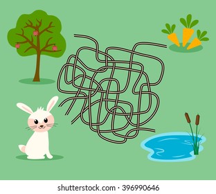 Bunny is looking for ways to carrots. Vector illustration of maze (labyrinth) game