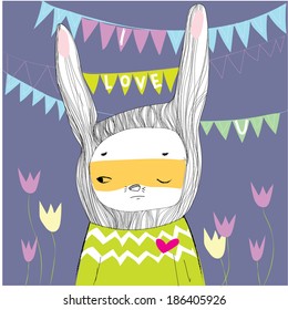 Bunny in love. Hand drawn vector illustration