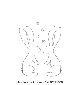 Bunny love hearts on white background. Line drawing vector illustration