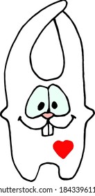 Bunny en garabatos vectoriales de amor. conejito blanco con corazón rojo aislado en fondo blanco, simple y lindo. Impresión, elemento de diseño, pegatina, icono, logotipo.