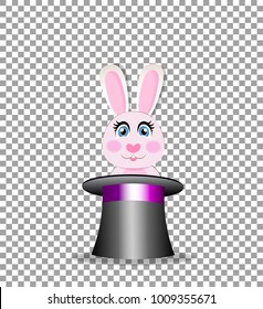 Bunny in magic hat isolated on transparent background. Cute rabbit sticking out of magician's cylinder top hat. Circus  concept with hat and rabbit trick. Vector   illustration, icon, logo, clip art. 