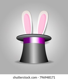 Bunny in magic hat. Rabbit's ears sticking out of a magician's cylinder isolated. Magic circus poster template, concept with hat and rabbit trick. Vector illustration, icon, clip art for greeting card