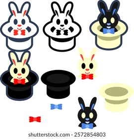 bunny in magic hat vector sticker set