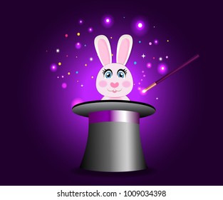 Bunny in magic hat with wand on violet sparkling glow background. Cute rabbit sticking out of magician's cylinder top hat. Circus poster, banner, concept with hat and rabbit trick. Vector illustration