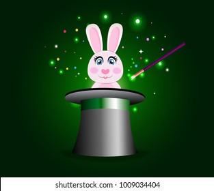 Bunny in magic hat with wand on green sparkling glow background. Cute rabbit sticking out of magician's cylinder top hat. Circus poster, banner, concept with hat and rabbit trick. Vector illustration.