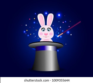 Bunny in magic hat with wand on blue sparkling glow background. Cute rabbit sticking out of magician's cylinder top hat. Circus poster, banner, concept with hat and rabbit trick. Vector illustration.