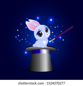 Bunny in magic hat with wand on blue sparkling glow background. Cute rabbit sitting on magician cylinder top hat. Circus poster, banner, concept with hat and rabbit trick. Cartoon Vector illustration