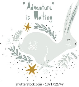 Bunny in Magical Forest - Bunny seamless pattern, Winter plants prints, Printable Nursery Posters