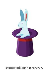 Bunny in magician hat flat vector illustration. Magic trick, mystery entertainment. Rabbit in magical headwear isolated on white background. Wizard show equipment. Illusionist performance symbol.