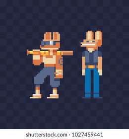 Bunny man with a bat character pixel art 80s style furry art isolated vector illustration. Cartoon icon for mobile app and sticker. Anthropomorphic design. 8-bit.  Rabbit fashion animal. Game assets.