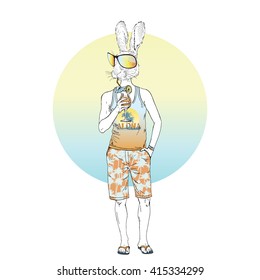 bunny man on vacation, furry art illustration, fashion animals, hipster animals, dressed up animals