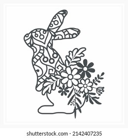 Bunny Mandala With Flower. Vector, Line Art