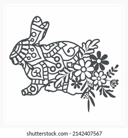 Bunny Mandala With Flower. Vector, Line Art