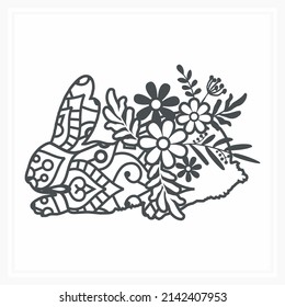 Bunny Mandala With Flower. Vector, Line Art