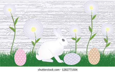 Bunny in the meadow with daisies, eggs with a pattern - light openwork, lace background - vector. Easter