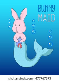 Bunny mermaid cartoon. Hand-drawn vector illustration with text place. Rabbit nursery image for background or poster. Fairy tale animal in comics style. Pink hare artwork. Sea mermaid funny variation 