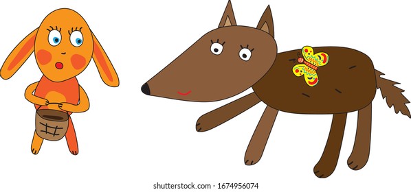 Bunny met a good wolf. Vector image for illustration.