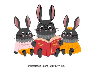 Mamá conejita leyendo un libro a un conejito. Caricatura de conejo negro. Concepto de lectura familiar. Madre e hijos. Ilustración plana vectorial.