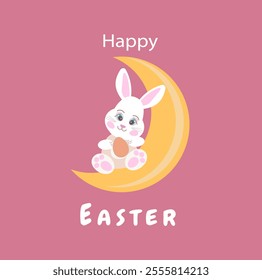 bunny moon egg, rabbit happy easter, pink background