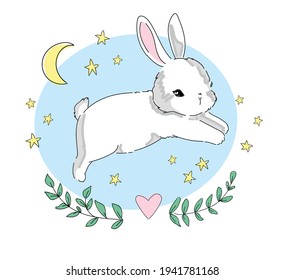 Bunny and moon, stars, leaves and heart Hand Drawn on blue background. Rabbit. Children Print on t-shirt. Vector Print