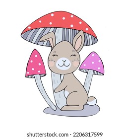 Bunny and mushrooms. Funny ilyustration.
