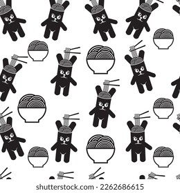 Bunny with noodles, vector graphics.Pattern. The background is white. Seamless