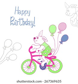 Bunny on a bike with balls. Seamless pattern.
