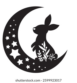 Bunny on Crescent Moon with Stars and Leaves