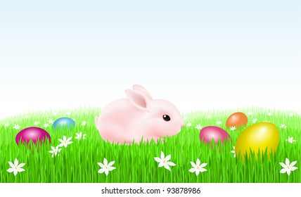 Bunny on the grass with Easter Eggs. Illustration on white background for design