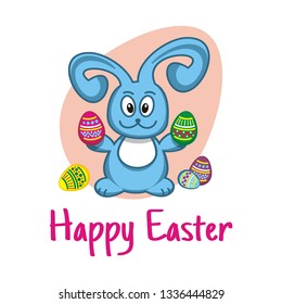 Bunny on light-pink backdrop of holds in paws two eggs. Illustration for happy Easter day
