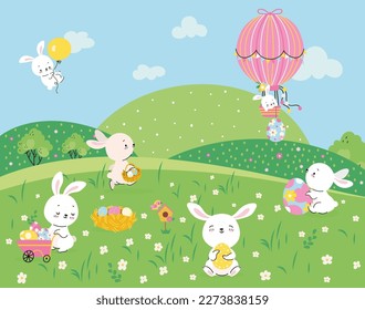 Bunny on meadow. Garden bunnies play hunting eggs. Easter rabbit with color egg on cartoon green floral hills. Animal fly on hot air balloon, nowaday vector scene