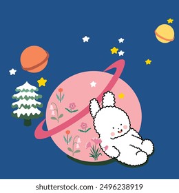 bunny on the moon, bunny rabbit with sky, star, flower, easter egg, Easter Day, cute Christmas