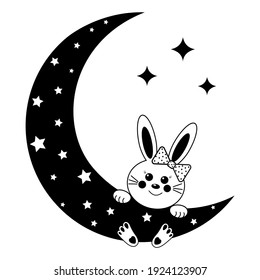 Bunny on the moon in the starry sky among the clouds black outline, children's vector isolated illustration, design, decoration, printing, paper scrapbooking