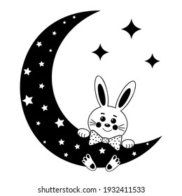 Bunny on the moon in the starry sky among the clouds black outline, children's vector isolated illustration, design, decoration, printing, paper scrapbooking