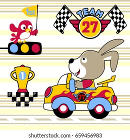Bunny on racing car, cute bird holding flag on racing light, car racing element on striped background, vector cartoon illustration