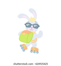 Bunny On Roller Skates Illustration In Cute Girly Cartoon Style Isolated On White Background